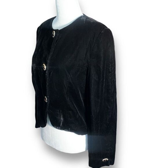 Vintage 90s Black Velvet Cropped Collarless Blazer Jacket Gold Button Elegant 8 - Picture 6 of 8